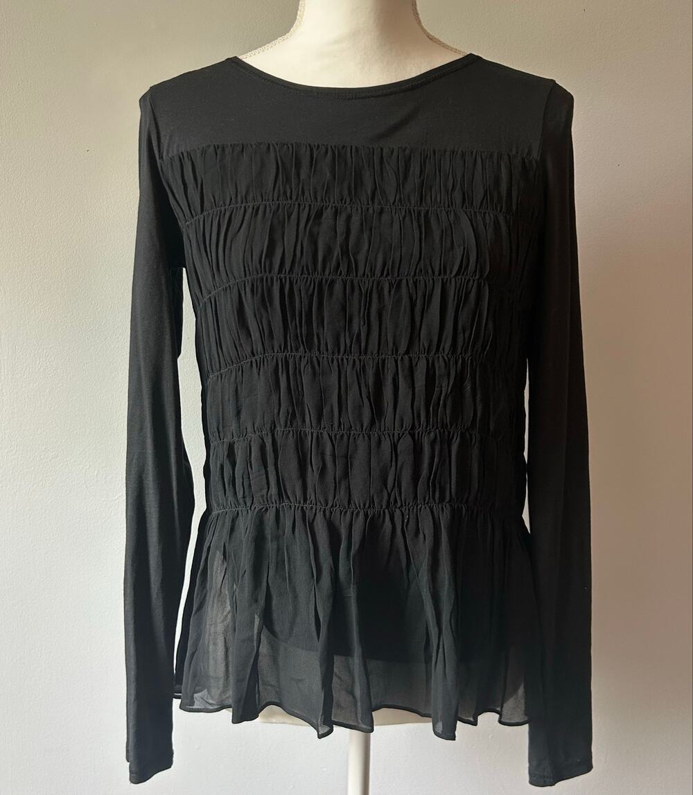 Sundance Shirred Black Gathered Blouse Top Longsleeve Size XS